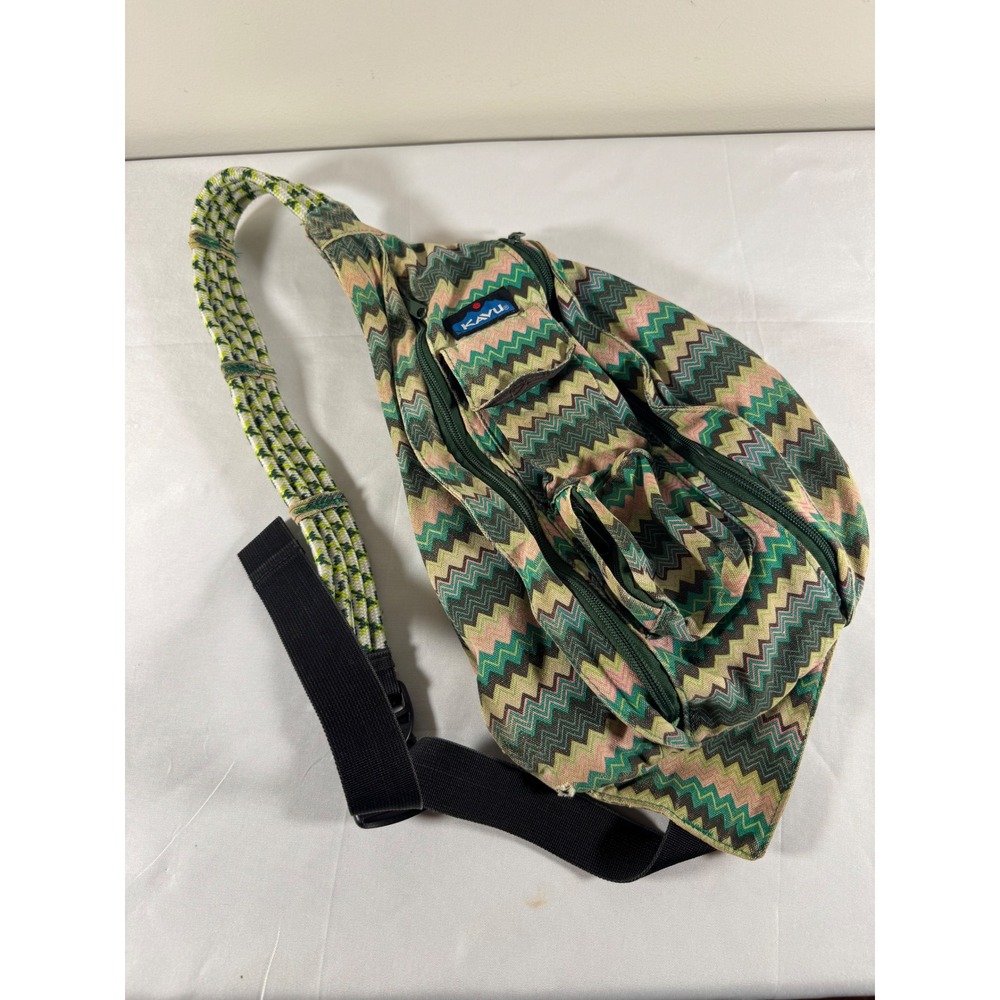 KAVU Rope Bag Canvas Sling Backpack Chevron Zigzag Green Pink Tan